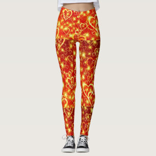 Gelbe goldene funkelnde Herzen auf rotem Hintergru Leggings