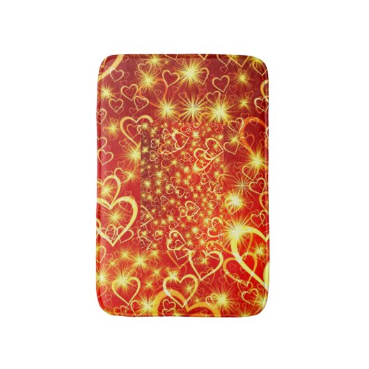Gelbe goldene, glanzende Herzen auf rotem Hintergr Badematte (Vorderseite Vertikal)
