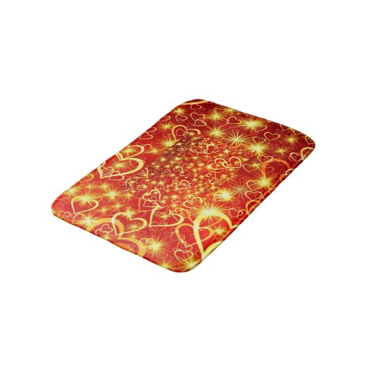 Gelbe goldene, glanzende Herzen auf rotem Hintergr Badematte (Schrägansicht)