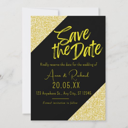 Gelbe goldene Glitzer-Schrift Save the Date schwar Einladung (Vorderseite)
