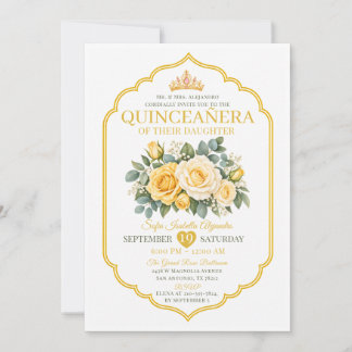 Gelbe Goldene Krone Florale Quinceañera-Prinzessin Einladung
