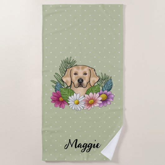 Gelbe goldene Retriever farbige Blume und Name Strandtuch (Vorderseite)