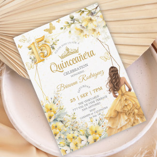Gelbe goldene Tiara Blumen Schmetterling Quinceañe Einladung