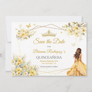 Gelbe goldene Tiara Blumen Schmetterlinge Quinceañ Save The Date