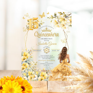 Gelbe goldene Tiara Floral Schmetterling Quinceañe Acryleinladungen