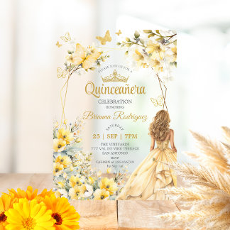 Gelbe goldene Tiara Floral Schmetterling Quinceañe Acryleinladungen