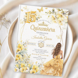Gelbe goldene Tiara Floral Schmetterling Quinceañe Einladung