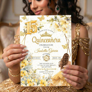 Gelbe goldene Tiara Floral Schmetterling Quinceañe Einladung