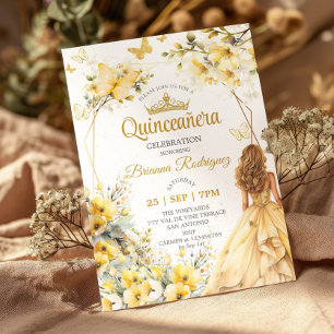 Gelbe goldene Tiara Floral Schmetterling Quinceañe Einladung