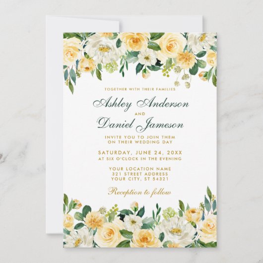 Gelbe goldgrüne Hochzeit Wasserfarbe Elegant Einladung (Vorderseite)