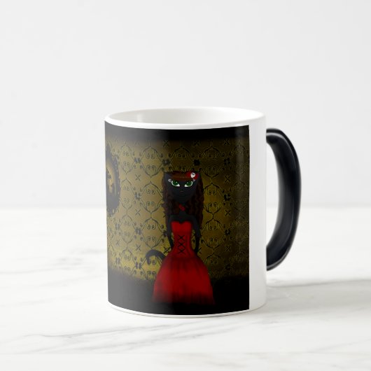 Gelbe gotische Katzen-Mädchen-Tasse Verwandlungstasse (VorderseiteRechts)