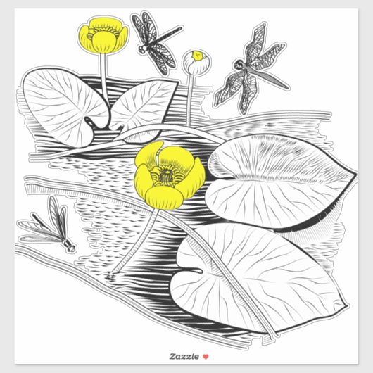 Gelbe Grafik mit Seerosen, schwarz Aufkleber (Blatt)
