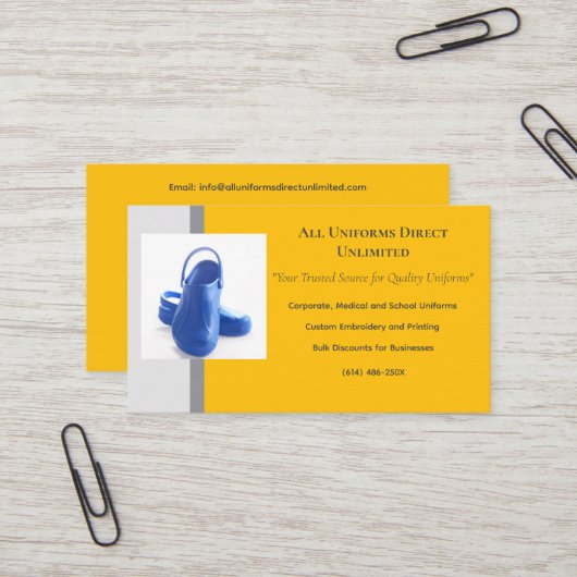 Gelbe graue blaue medizinische Clogs Uniform Visitenkarte (Vorderseite/Rückseite Beispiel)
