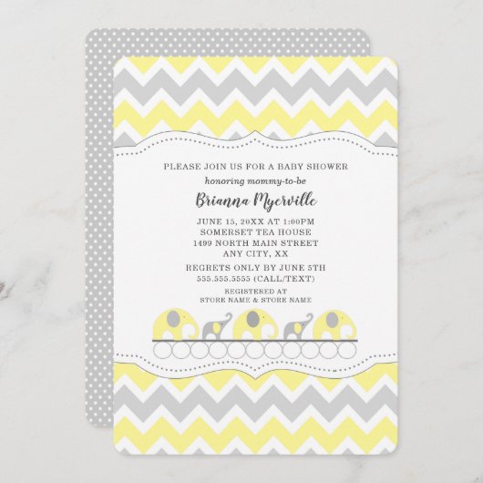 Gelbe graue Elefantenneutraldusche Einladung (Vorne/Hinten)