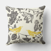 Gelbe Graue Elfenbein Vintage Blütenvögel Kissen (Rückseite)