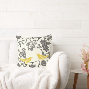 Gelbe Graue Elfenbein Vintage Blütenvögel Kissen
