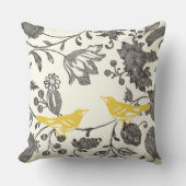 Gelbe Graue Elfenbein Vintage Blütenvögel Kissen (Vorderseite)