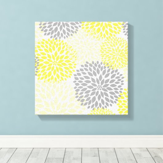 Gelbe graue, moderne Dahlienblütenkunst Leinwanddruck (Insitu (Holzboden))