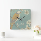 Gelbe, graue und beige Vögel auf einem Zweig Quadratische Wanduhr (Zuhause)