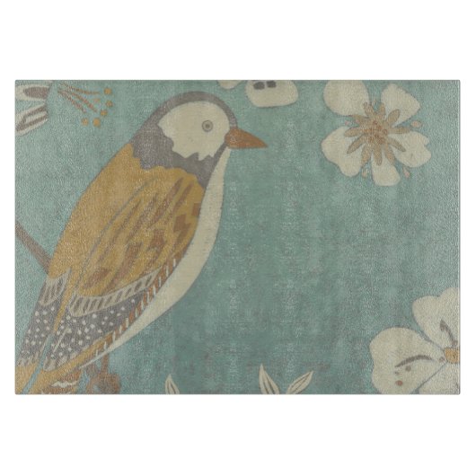 Gelbe, graue und beige Vögel auf einem Zweig Schneidebrett (Vorderseite)