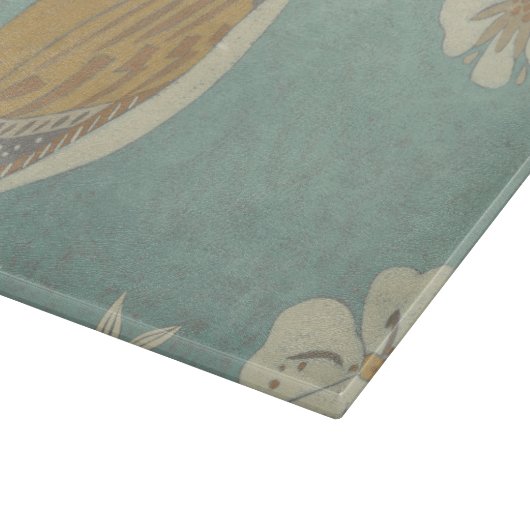 Gelbe, graue und beige Vögel auf einem Zweig Schneidebrett (Ecke)