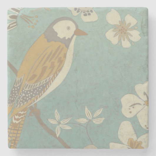 Gelbe, graue und beige Vögel auf einem Zweig Steinuntersetzer (Vorderseite)