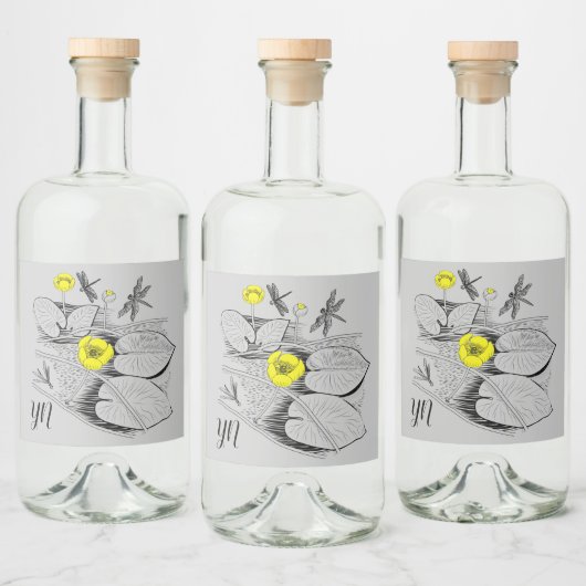 Gelbe Gravur der Wasserlilien, schwarz Alkoholflaschenetikett (Flaschen)