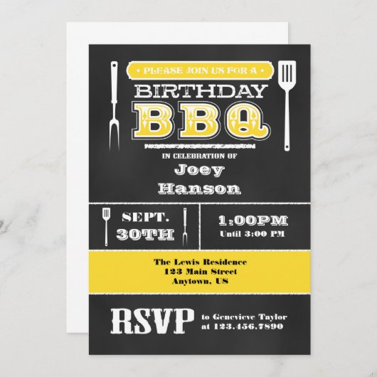 Gelbe GRILLEN Birthday Chalkboard Einladung (Vorne/Hinten)