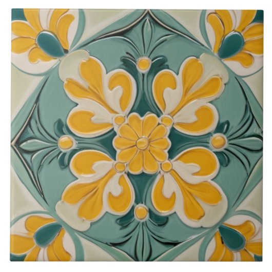 Gelbe grüne geometrische Blume Mittelmeer Fliese (Vorderseite)