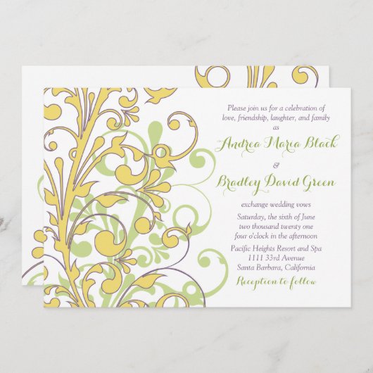 Gelbe grüne Lila Abstrakte Blumenhochzeit Einladung (Vorne/Hinten)