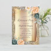 Gelbe grüne Rose Gold Glitzer Rente Einladung (Stehend Vorderseite)
