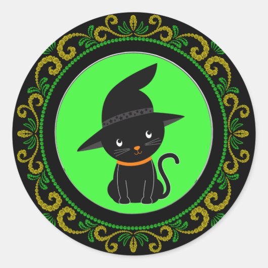 Gelbe grüne schwarze Katze mit einem Hexenhuttholz Runder Aufkleber (Vorderseite)