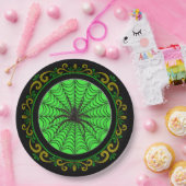 Gelbe grüne Spinnennetze und Schwarzer Spider Hall Pappteller (Party)