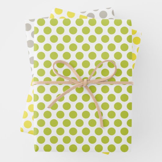 Gelbe, grüne und graue Polka-Punkte Geschenkpapier Set (Beispiel)