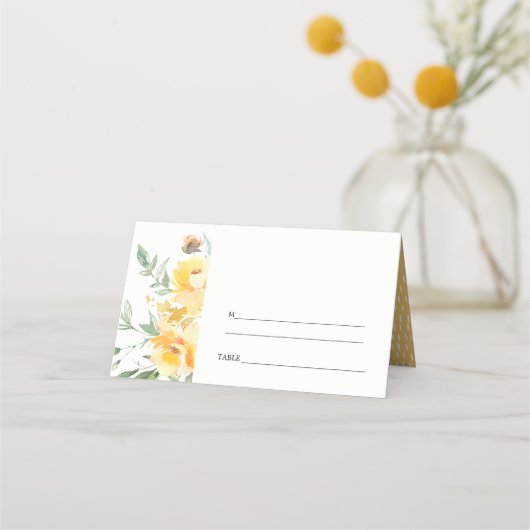 Gelbe grüne Wasserfarbe Rose Blume Hochzeit Platzkarte (Rückseite)