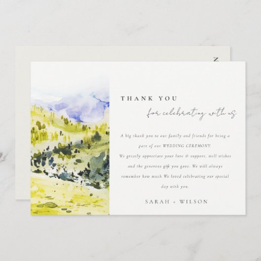 Gelbe grüne Wasserfarbenwelt Hügel Hochzeiten Dankeskarte (Vorne/Hinten)