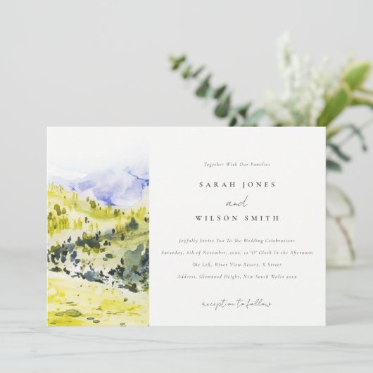 Gelbe grüne Wasserfarbenwelt Hügel Hochzeiten Einladung (Stehend Vorderseite)