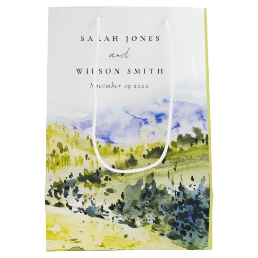 Gelbe grüne Wasserfarbenwelt Hügel Hochzeiten Mittlere Geschenktüte (Rückseite)