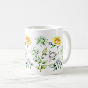Gelbe, grüne, weiße Rosen - Farbstifstiftgestaltun Kaffeetasse