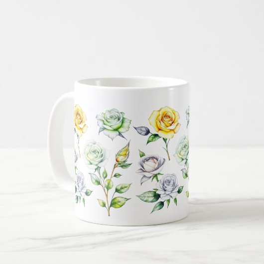 Gelbe, grüne, weiße Rosen - Farbstifstiftgestaltun Kaffeetasse (Vorderseite Links)