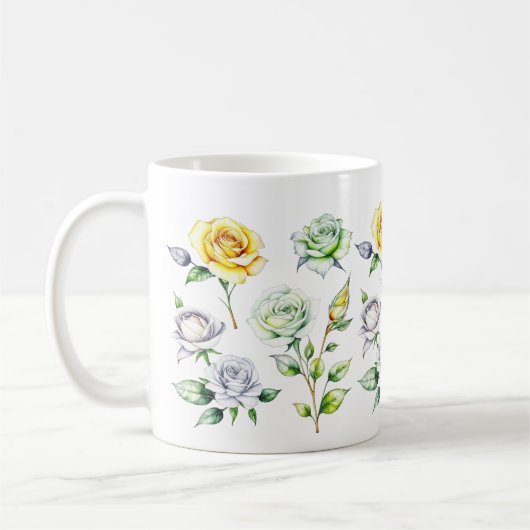 Gelbe, grüne, weiße Rosen - Farbstifstiftgestaltun Kaffeetasse (Links)