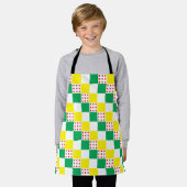 Gelbe, grüne, weiße, rote Polka-Punktquadrate Schürze (Getragen)