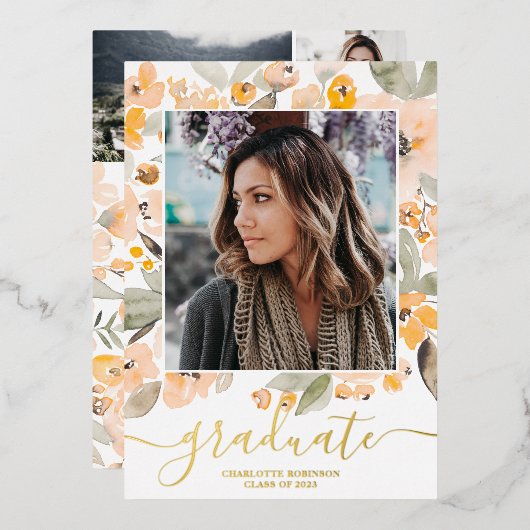 Gelbe Grünschrift 3 Foto Abschluss Folieneinladung (Vorderseite/Rückseite)