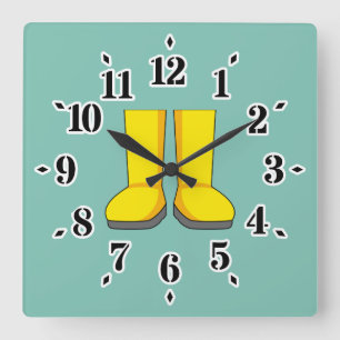 Gelbe Gummi-Regenstiefel Quadratische Wanduhr