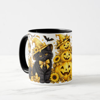 Gelbe Halloween-Schwarze Katzen & Sonnenblumen-Kür Tasse