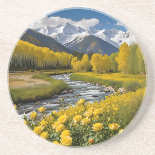 Gelbe Herbst-Schneebedeckte Berge Aspen Fluss Getränkeuntersetzer