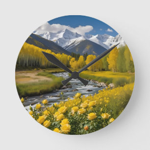 Gelbe Herbst-Schneebedeckte Berge Aspen Fluss Runde Wanduhr