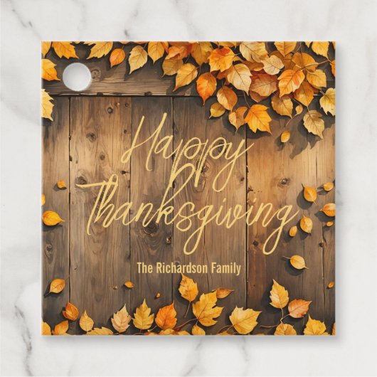 Gelbe Herbstlaube auf Erntedank aus Stallholz Geschenkanhänger (Vorderseite)