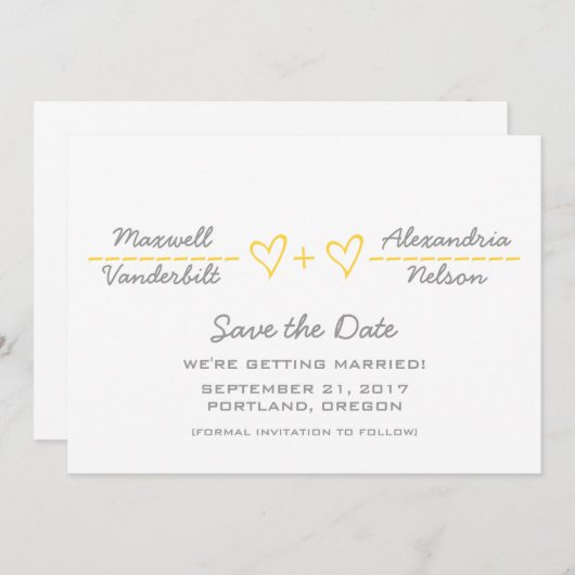 Gelbe Herzäquivalenz Save the Date einladen Einladung (Vorne/Hinten)