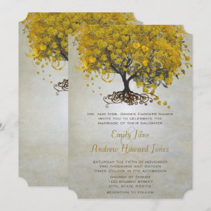 Gelbe Herzblatt-Baum-Hochzeitseinladungen Einladung
